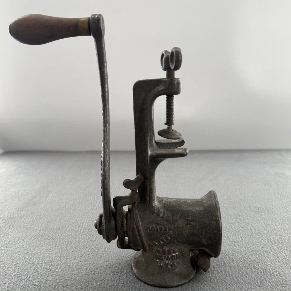 Antique Steinfeld No 21 Cast Iron Meat Grinder 1904 Pat. Wood Handle Farmhouse